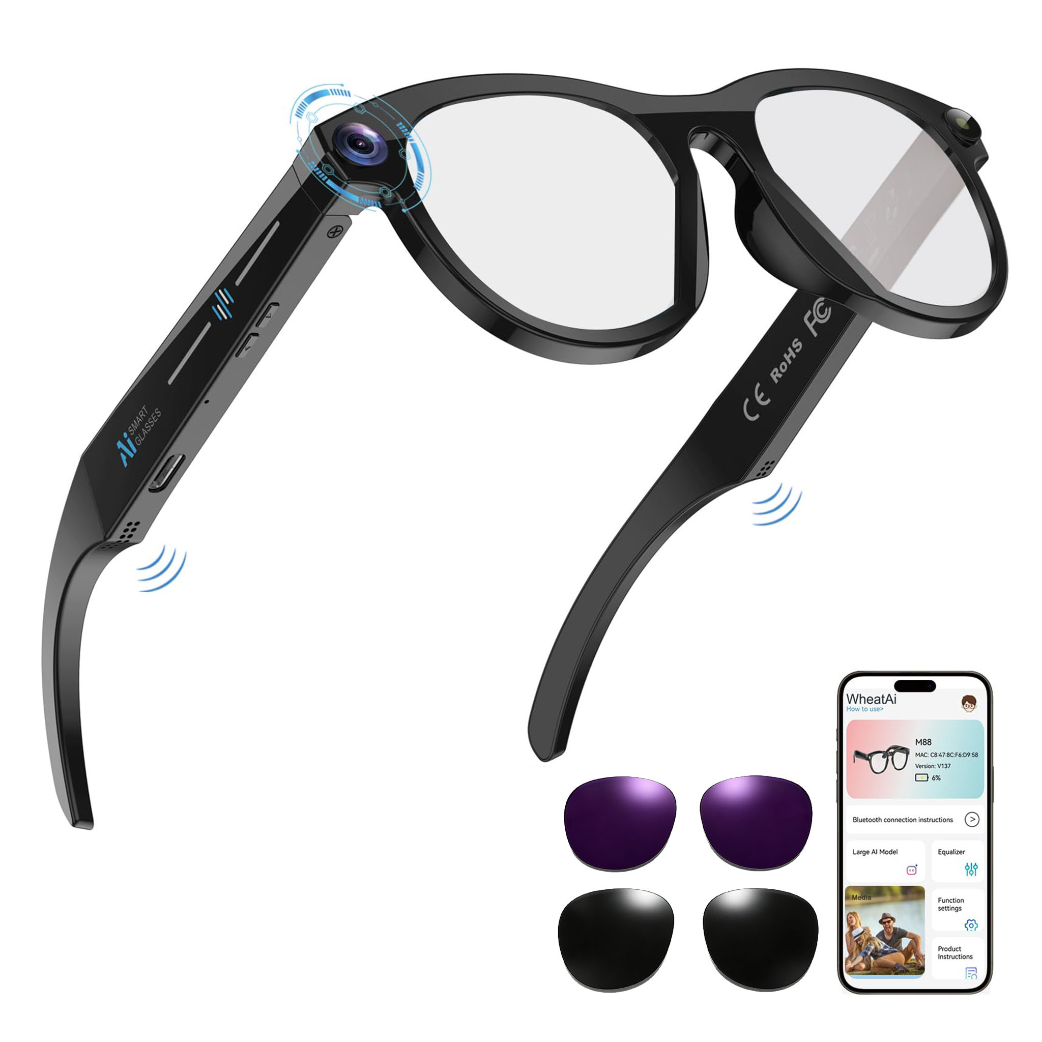 Black Smart Ai Glasses for Men - Audio Music Arabic のレビューと価格